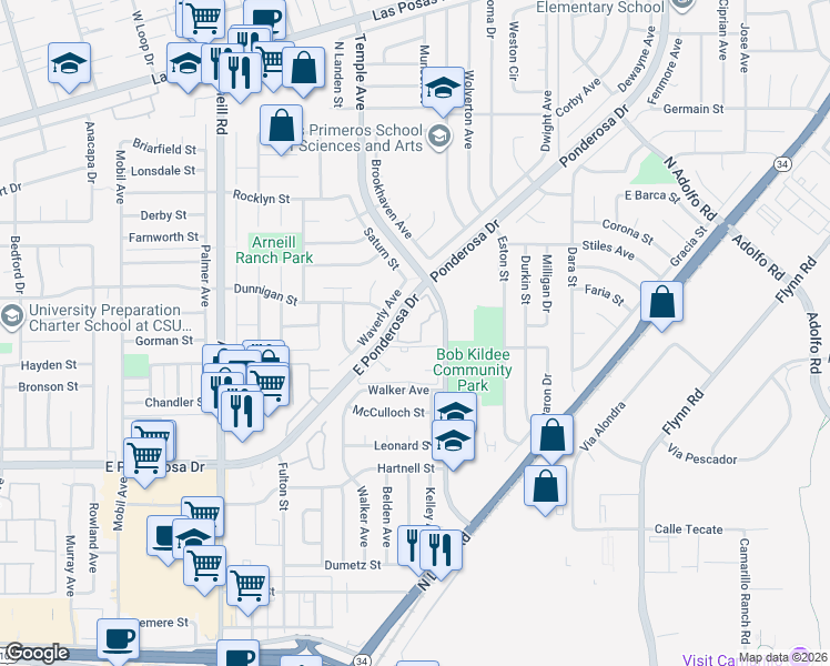 map of restaurants, bars, coffee shops, grocery stores, and more near 1252 Via Montoya in Camarillo