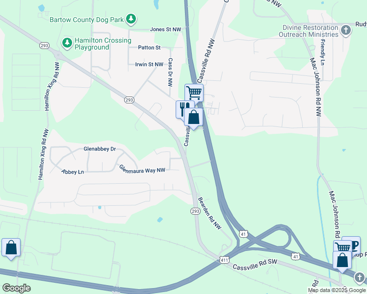 map of restaurants, bars, coffee shops, grocery stores, and more near 24 Georgia 293 in Cartersville