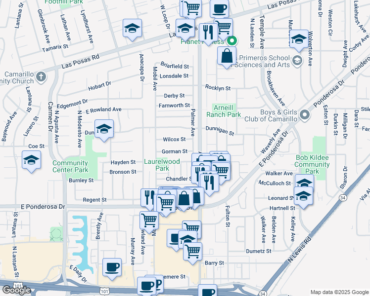 map of restaurants, bars, coffee shops, grocery stores, and more near 2253 Gorman Street in Camarillo