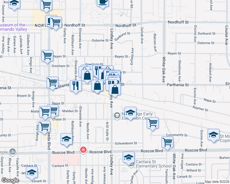 map of restaurants, bars, coffee shops, grocery stores, and more near 8644 Lindley Avenue in Los Angeles