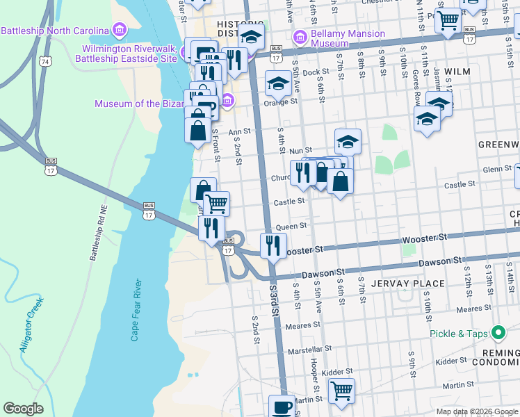 map of restaurants, bars, coffee shops, grocery stores, and more near 515 South 2nd Street in Wilmington