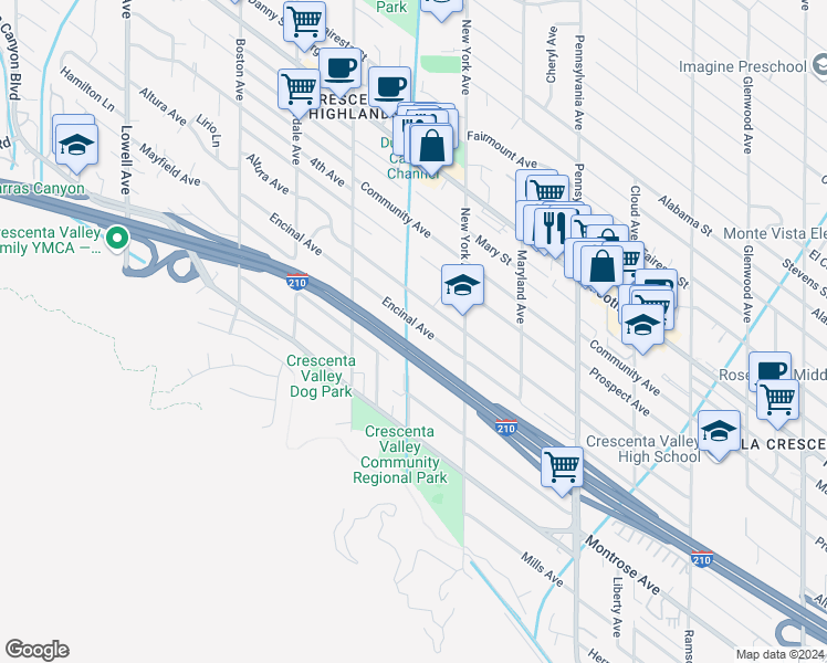 map of restaurants, bars, coffee shops, grocery stores, and more near 3452 Encinal Avenue in Glendale