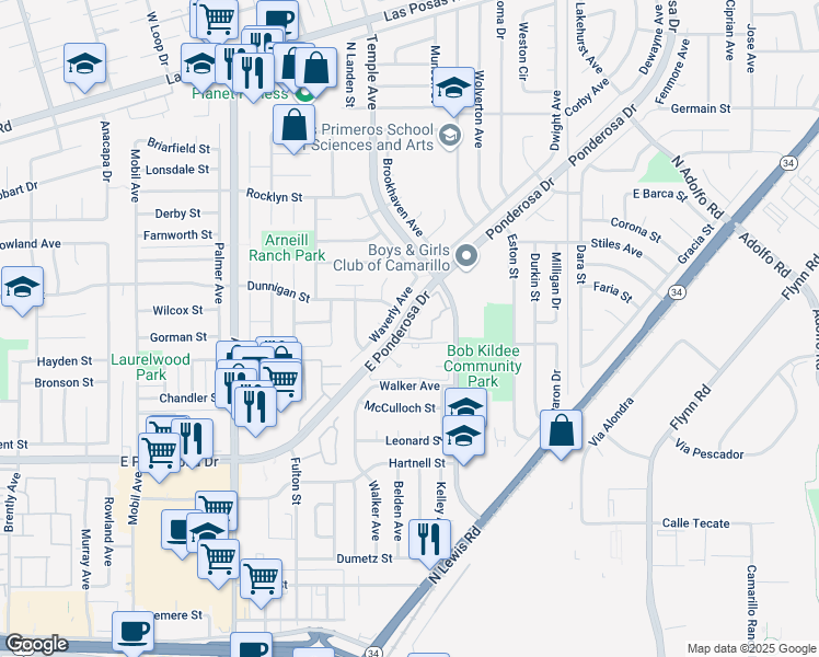 map of restaurants, bars, coffee shops, grocery stores, and more near 1128 Via Montoya in Camarillo