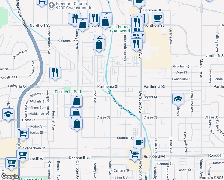 map of restaurants, bars, coffee shops, grocery stores, and more near 21054 Parthenia Street in Los Angeles