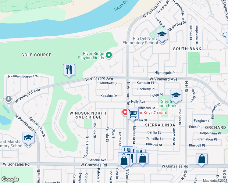 map of restaurants, bars, coffee shops, grocery stores, and more near 2251 Oakhill Circle in Oxnard