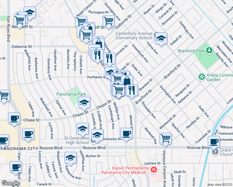 map of restaurants, bars, coffee shops, grocery stores, and more near 8725 Woodman Avenue in Los Angeles