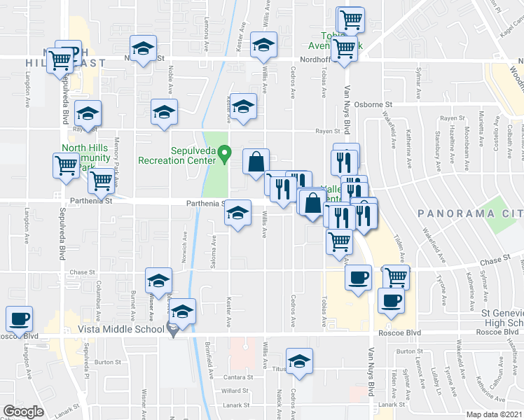 map of restaurants, bars, coffee shops, grocery stores, and more near 8702 Willis Avenue in Los Angeles