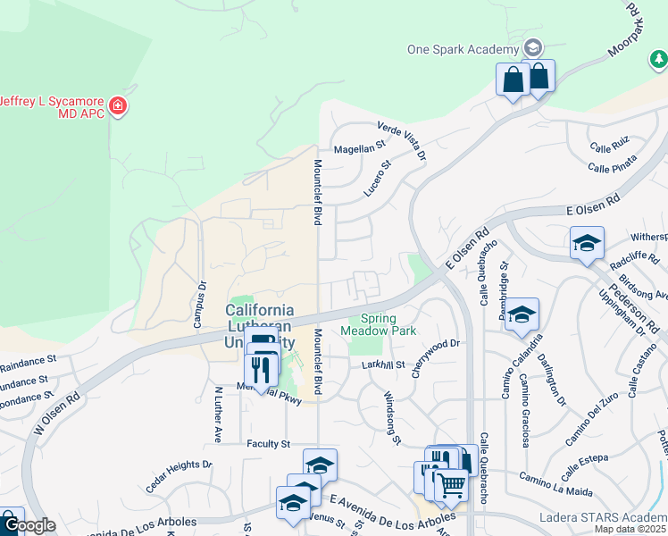 map of restaurants, bars, coffee shops, grocery stores, and more near 3621 Consuelo Avenue in Thousand Oaks