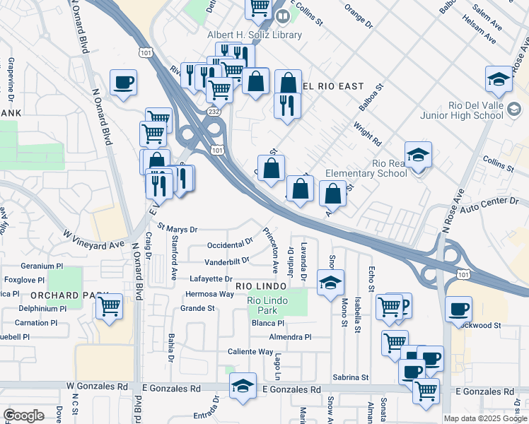 map of restaurants, bars, coffee shops, grocery stores, and more near 567 Ventura Boulevard in Oxnard