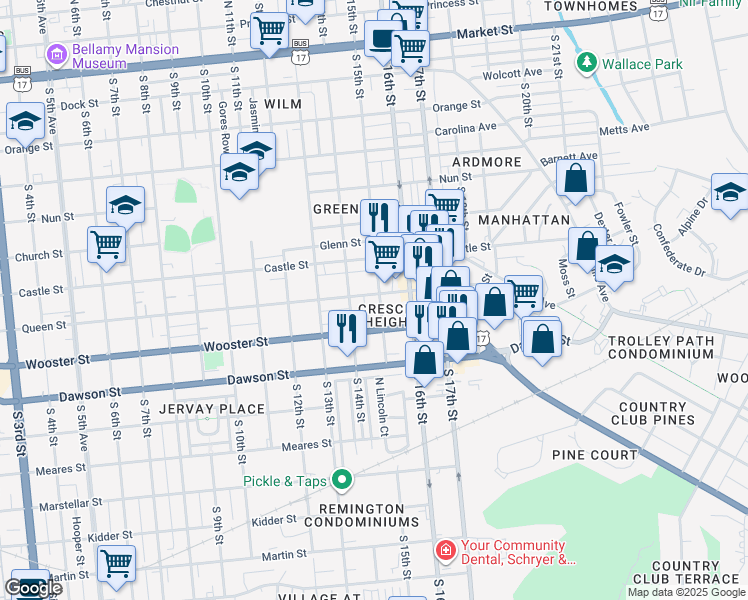 map of restaurants, bars, coffee shops, grocery stores, and more near 610 South 15th Street in Wilmington