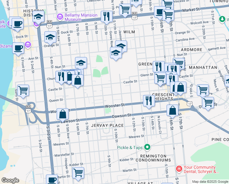 map of restaurants, bars, coffee shops, grocery stores, and more near 921 Castle Street in Wilmington