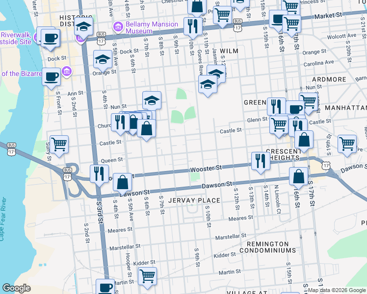map of restaurants, bars, coffee shops, grocery stores, and more near 902 Castle Street in Wilmington