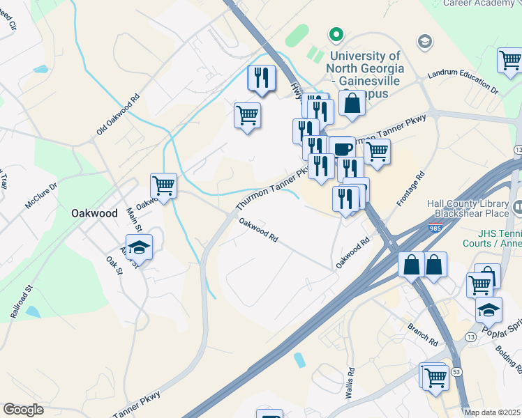 map of restaurants, bars, coffee shops, grocery stores, and more near 3839 Mundy Mill Road in Oakwood