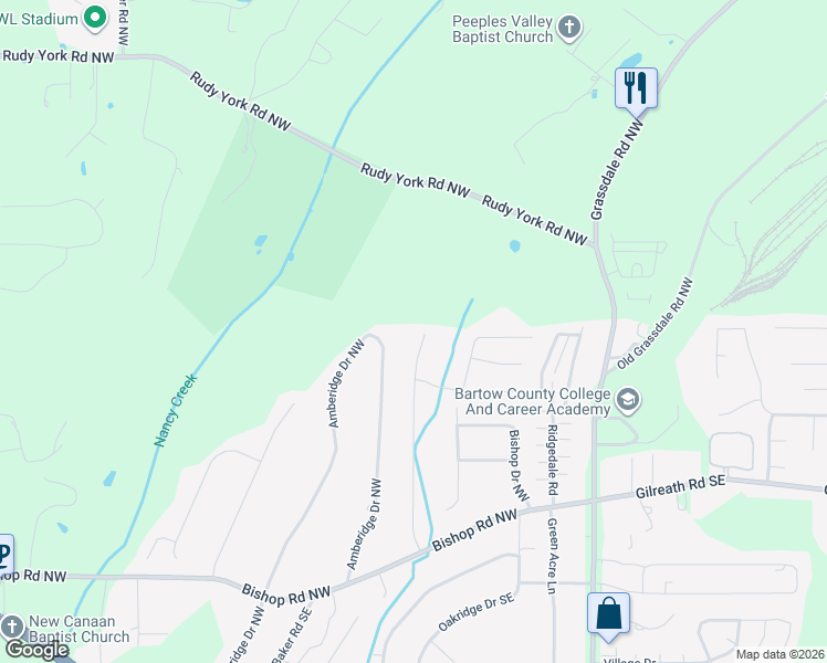 map of restaurants, bars, coffee shops, grocery stores, and more near 61 Bishop Mill Drive Northwest in Cartersville