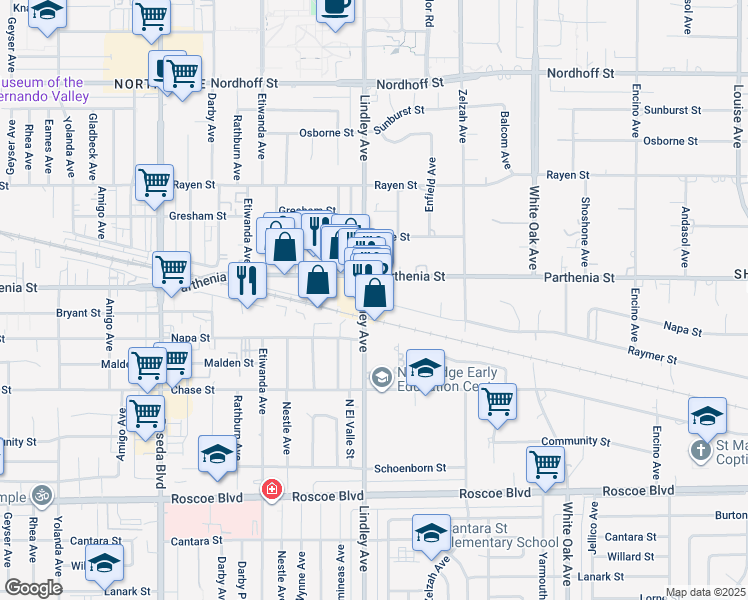 map of restaurants, bars, coffee shops, grocery stores, and more near 8644 Lindley Avenue in Los Angeles
