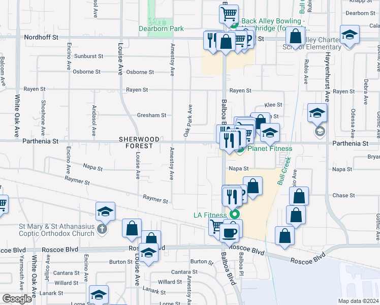 map of restaurants, bars, coffee shops, grocery stores, and more near 8634 Oak Park Avenue in Los Angeles