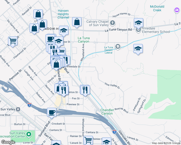 map of restaurants, bars, coffee shops, grocery stores, and more near 10528 Alskog Street in Los Angeles
