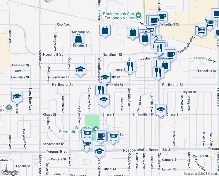 map of restaurants, bars, coffee shops, grocery stores, and more near 20020 Parthenia Street in Los Angeles
