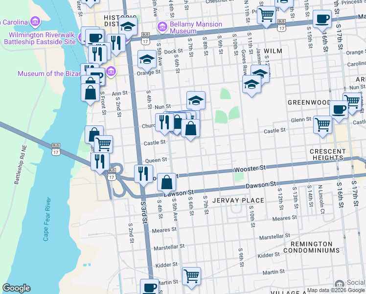 map of restaurants, bars, coffee shops, grocery stores, and more near 545 Castle Street in Wilmington