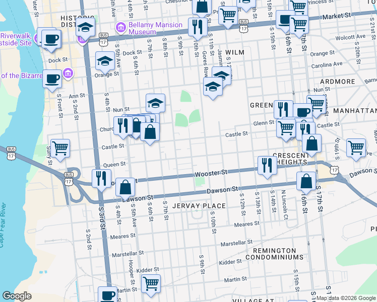 map of restaurants, bars, coffee shops, grocery stores, and more near 902 Castle Street in Wilmington