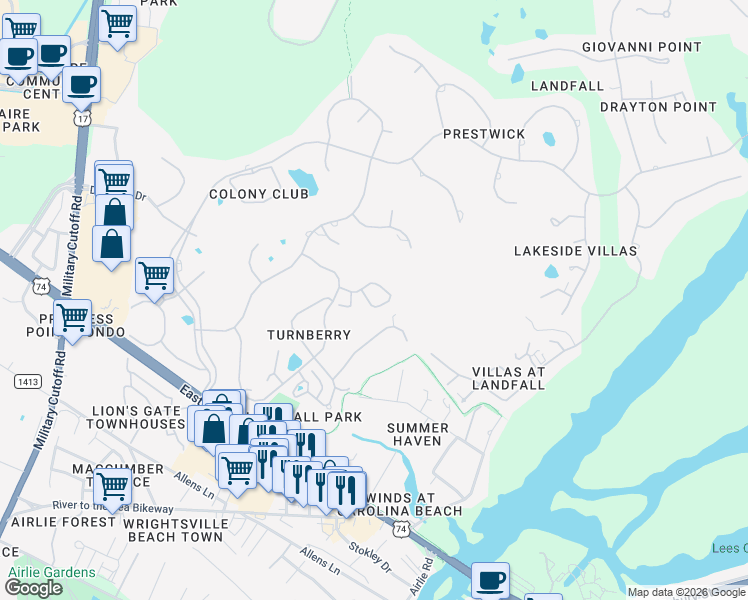 map of restaurants, bars, coffee shops, grocery stores, and more near 1909 Prestwick Lane in Wilmington