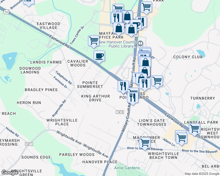 map of restaurants, bars, coffee shops, grocery stores, and more near 1600 Sturdivant Drive in Wilmington