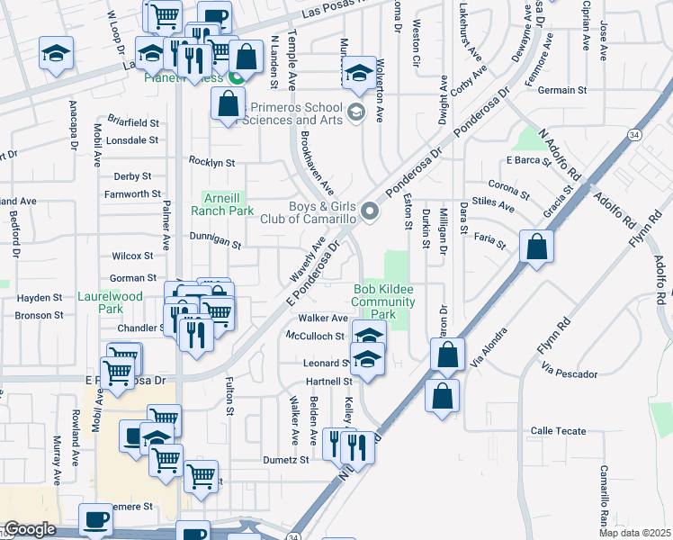 map of restaurants, bars, coffee shops, grocery stores, and more near 1252 Via Montoya in Camarillo