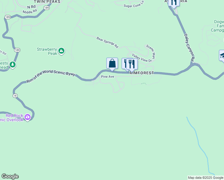 map of restaurants, bars, coffee shops, grocery stores, and more near 26413 Apache Trail in Rimforest