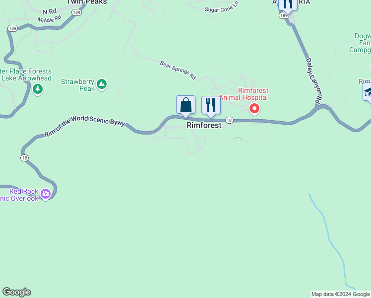 map of restaurants, bars, coffee shops, grocery stores, and more near 26413 Apache Trail in Rimforest