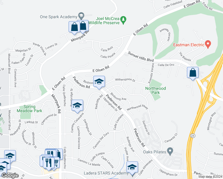 map of restaurants, bars, coffee shops, grocery stores, and more near 3432 Radcliffe Road in Thousand Oaks
