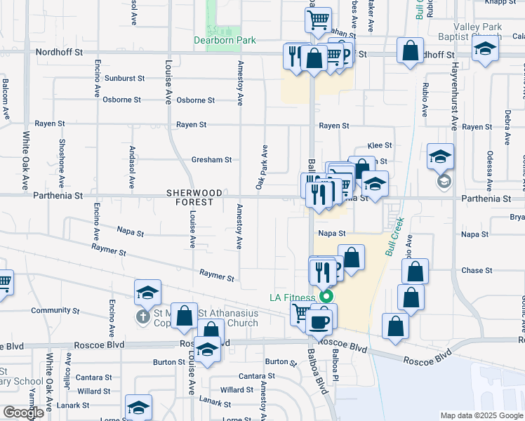 map of restaurants, bars, coffee shops, grocery stores, and more near 8634 Oak Park Avenue in Los Angeles