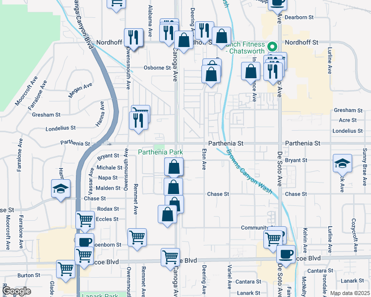 map of restaurants, bars, coffee shops, grocery stores, and more near 21350 Parthenia Street in Los Angeles