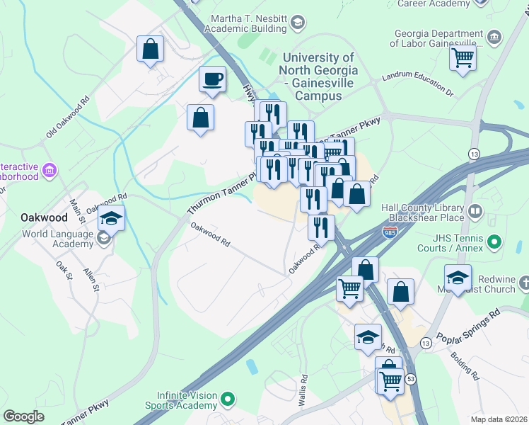 map of restaurants, bars, coffee shops, grocery stores, and more near 1006 Lanier Mill Circle in Oakwood