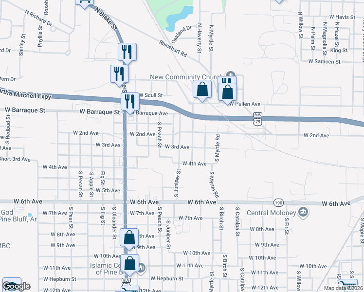 map of restaurants, bars, coffee shops, grocery stores, and more near 223 South Juniper Street in Pine Bluff