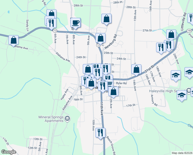 map of restaurants, bars, coffee shops, grocery stores, and more near 2105 10th Avenue in Haleyville