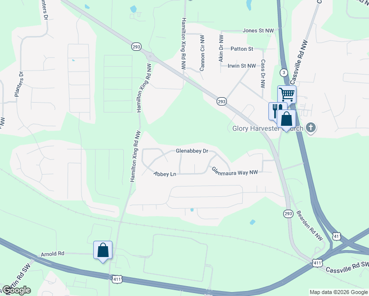 map of restaurants, bars, coffee shops, grocery stores, and more near 44 Glenabbey Drive in Cartersville