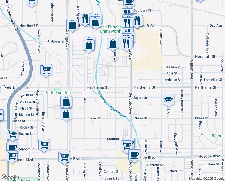 map of restaurants, bars, coffee shops, grocery stores, and more near 21000 Parthenia Street in Los Angeles