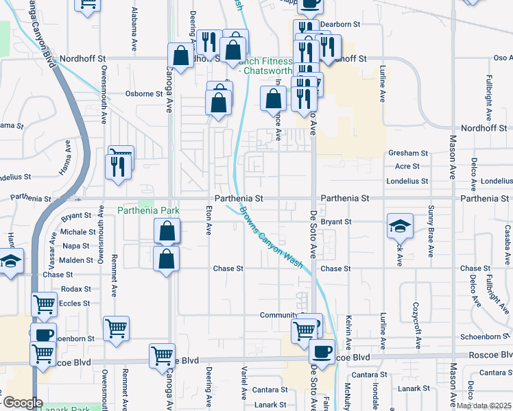 map of restaurants, bars, coffee shops, grocery stores, and more near 21040 Parthenia Street in Los Angeles