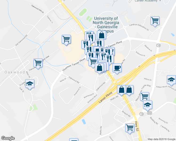 map of restaurants, bars, coffee shops, grocery stores, and more near 1010 Lanier Mill Circle in Oakwood