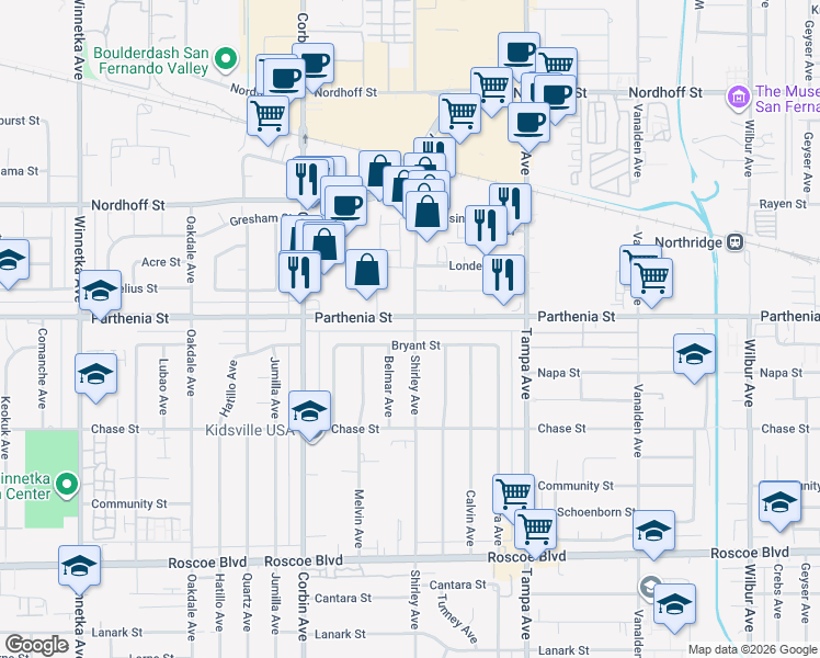 map of restaurants, bars, coffee shops, grocery stores, and more near 8659 Shirley Avenue in Los Angeles