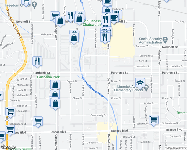 map of restaurants, bars, coffee shops, grocery stores, and more near 21031 Parthenia Street in Los Angeles