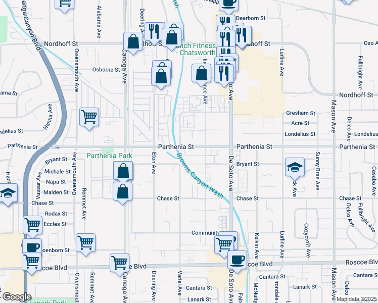 map of restaurants, bars, coffee shops, grocery stores, and more near 21031 Parthenia Street in Los Angeles