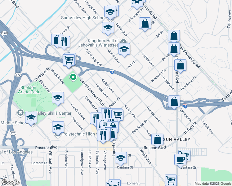 map of restaurants, bars, coffee shops, grocery stores, and more near 8722 Amboy Avenue in Los Angeles