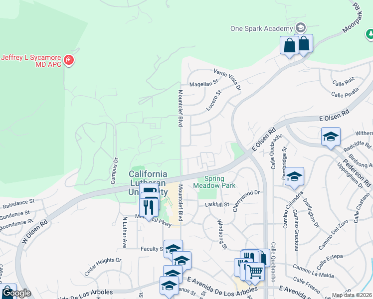 map of restaurants, bars, coffee shops, grocery stores, and more near 2 West Alamar Street in Thousand Oaks