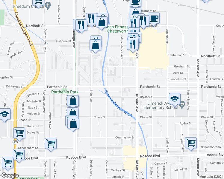 map of restaurants, bars, coffee shops, grocery stores, and more near 21040 Parthenia Street in Los Angeles
