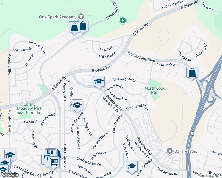 map of restaurants, bars, coffee shops, grocery stores, and more near 3432 Radcliffe Road in Thousand Oaks