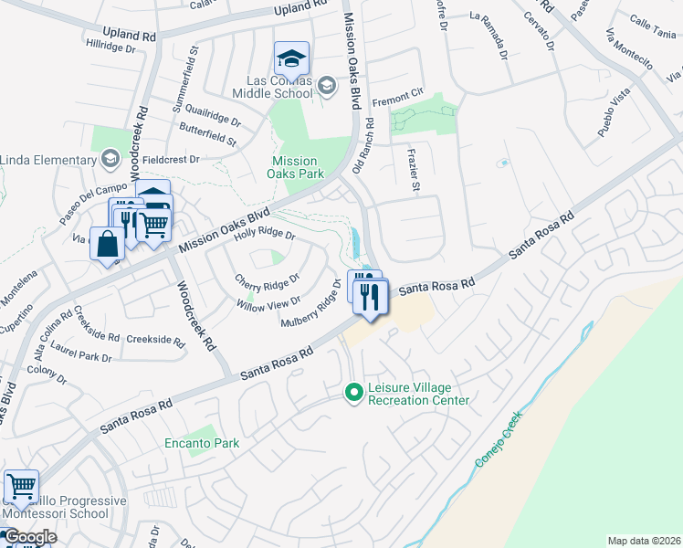 map of restaurants, bars, coffee shops, grocery stores, and more near 5884 Mulberry Ridge Drive in Camarillo