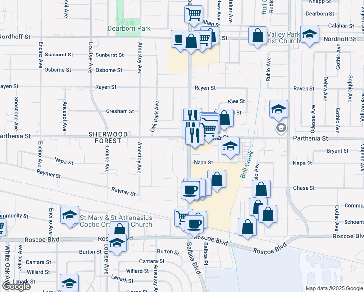 map of restaurants, bars, coffee shops, grocery stores, and more near 8633 Balboa Boulevard in Los Angeles