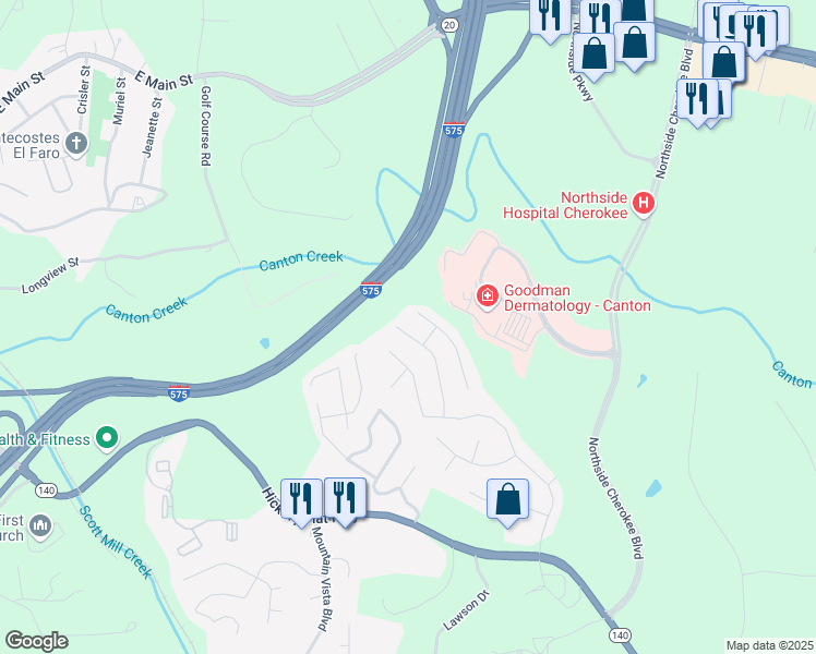 map of restaurants, bars, coffee shops, grocery stores, and more near 544 Cherokee Overlook Court in Canton