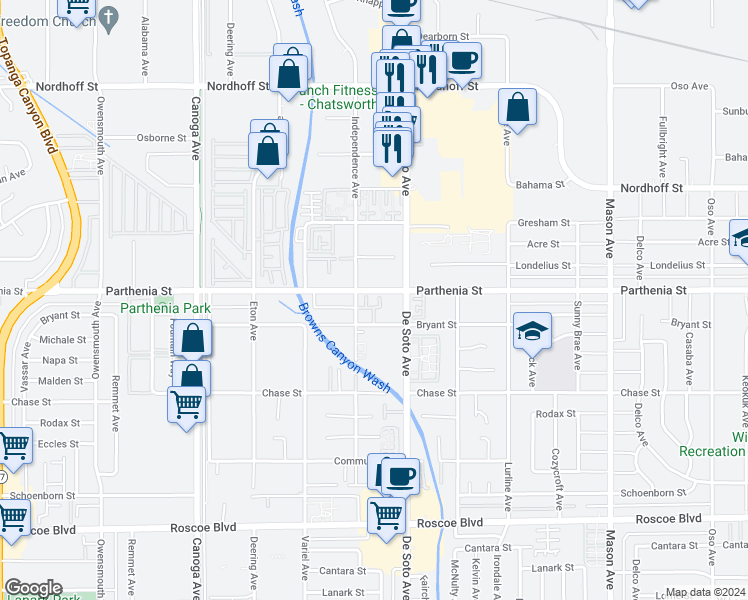 map of restaurants, bars, coffee shops, grocery stores, and more near 20930 Parthenia Street in Los Angeles